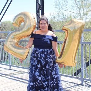 Navy off the shoulder ball gown